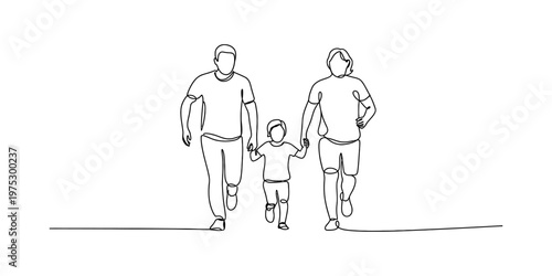 Continuous line drawing of a happy family consisting of a father mother and child walking together Vector, illustration