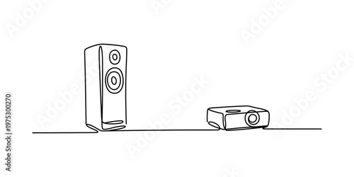 Continuous single line drawing of an audio speaker and a video projector on a flat white surface Vector, illustration