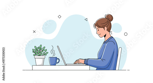 Young woman working on laptop at desk in modern home office