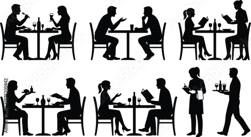 Silhouettes of couples dining at restaurant tables with waiter