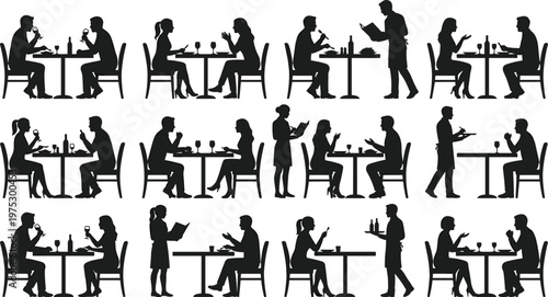 Group of restaurant staff and dining couples in black silhouette