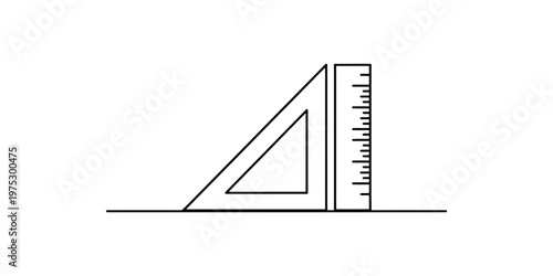 A simple black and white line drawing of a geometric triangular ruler next to a straight ruler Vector, illustration