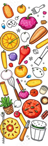Artistic food doodles, a delightful arrangement of hand-drawn culinary symbols and kitchenware for a creative touch,  minimalist,  art