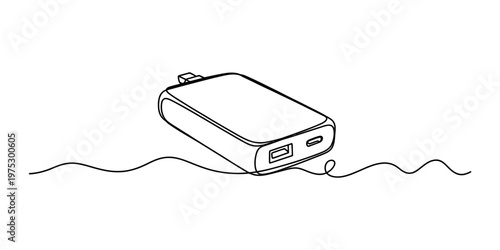 A single continuous line drawing of a portable power bank charger on a plain white background. Vector, illustration