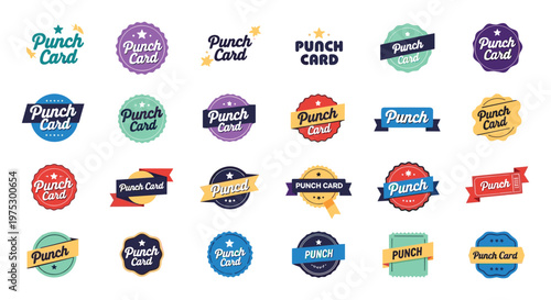 Set of colorful punch card reward badges and loyalty program stickers