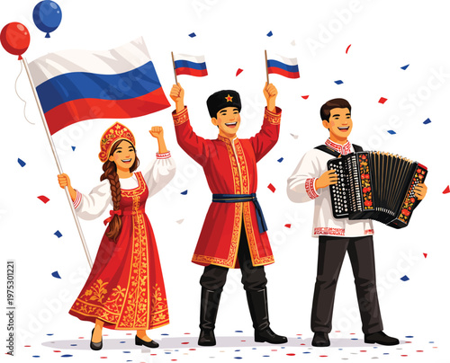 Illustration of people in traditional Russian clothing celebrating with national flags and accordion