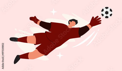 Flat vector illustration of a goalkeeper soccer player, performing sports activity, template design for the World Championship 2026, soccer elements for banners, cards, websites. Vector illustration.