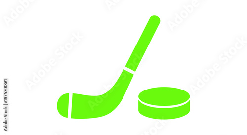 Green Hockey Stick and Puck Icon on White Background