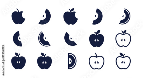 Apple Icons: Whole, Bitten, Sliced, Silhouette, Outline - Vector Graphics