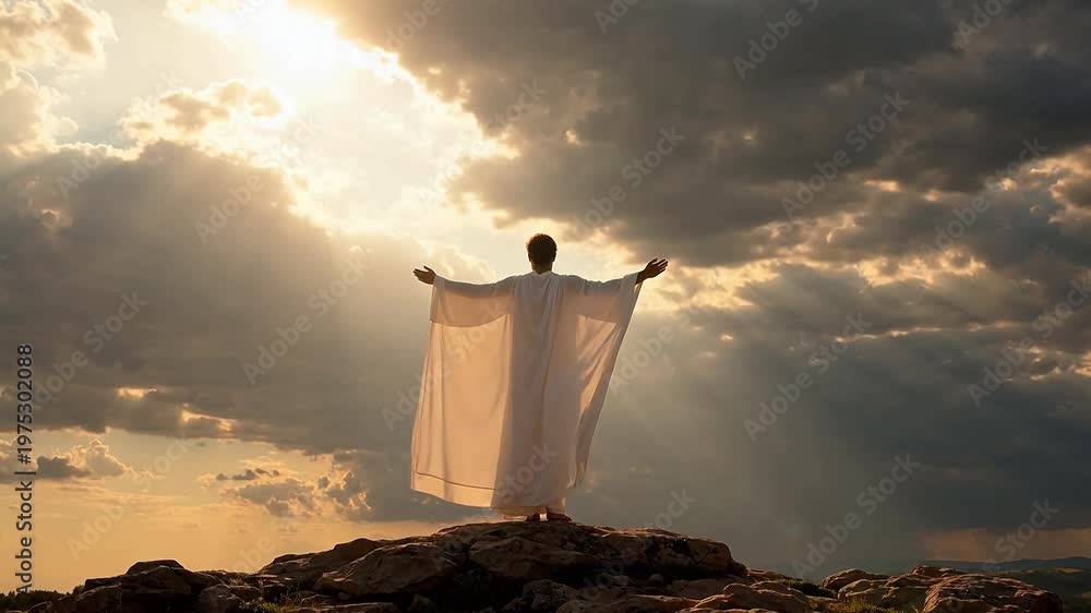 Advanced Person in white robe with arms raised on rocky hill for ...