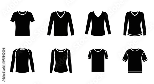 Collection of various types of black t-shirts and long-sleeved shirts with different necklines and sleeve lengths, presented as simple vector graphics