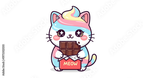 Whimsical Pastel Cat with Rainbow Mane Enjoying a Delicious Chocolate Bar, Adorable Kawaii Illustration