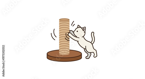 Cute white cat playfully scratching a tall brown sisal scratching post on a round base, cartoon illustration