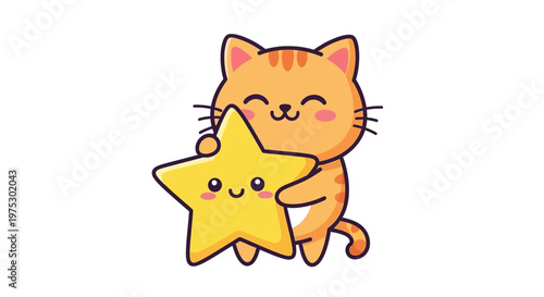 Charming cartoon cat joyfully embraces a smiling yellow star, a heartwarming illustration embodying happiness and cute friendship for diverse creative projects