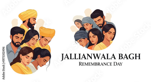 Illustrated vector art for Jallianwala Bagh Remembrance Day presents a solemn tribute to martyrs, with diverse faces bowed in respect against a clean white background, creating a poignant