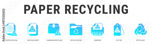 Paper Recycling web banner icon vector illustration with Paper Recycling, Recycled Paper, Cardboard Recycling, Recycle Folder, Shredder and Eco Tag