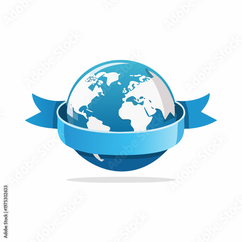 Stylized blue globe with white continents encircled by a light blue ribbon banner on a white background.