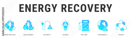 Energy Recovery web banner icon vector illustration featuring Energy Recycling, Recycle Energy, Electricity, Eco Bulb, Fuel Pump and Sustainability