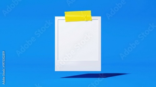 Floating blank instant photo frame with yellow tape against a vibrant blue background, offering ample copy space for creative mockups and nostalgic designs.