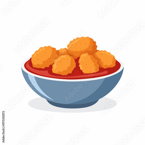 An illustration of crispy fried chicken nuggets served in a blue bowl with red dipping sauce.