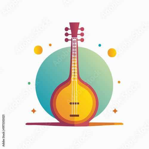 Colorful illustration of a traditional stringed musical instrument with a gradient design and decorative elements