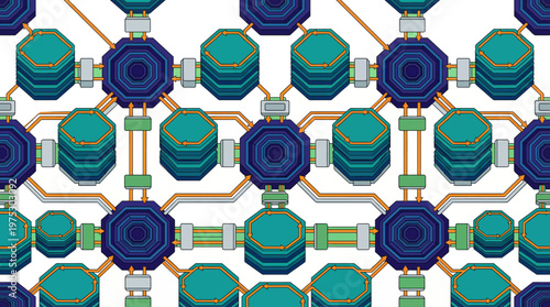 A vibrant geometric pattern with interconnected shapes and lines in shades of blue and green.