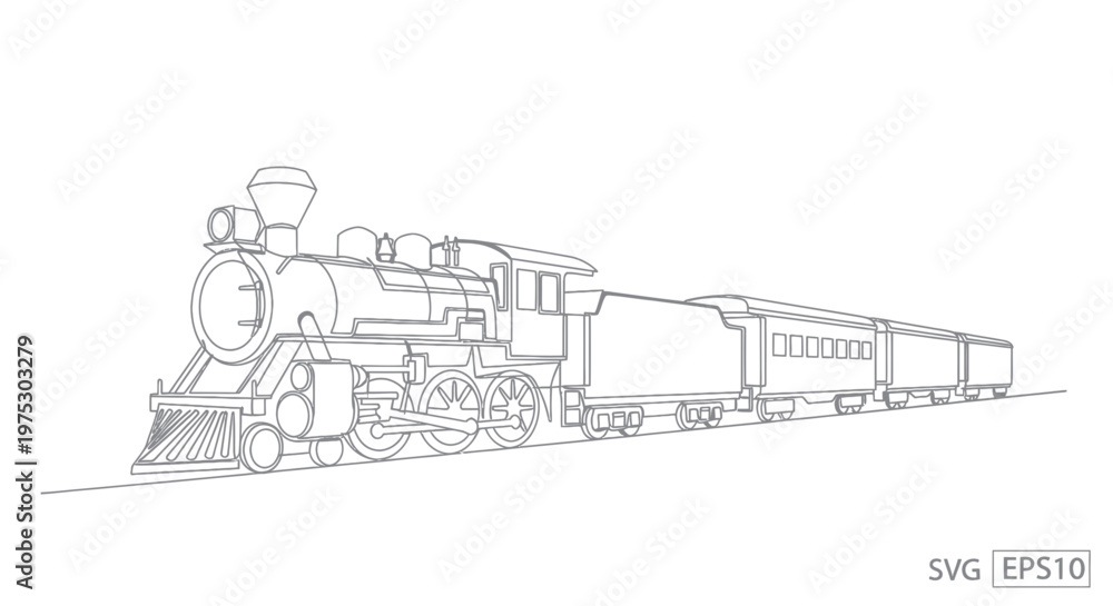 Obraz premium Vintage Steam Locomotive Train Outline, Retro Transportation Drawing