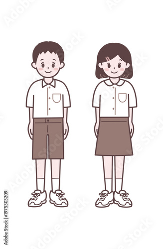 小学生 高学年 制服半袖白シャツ男女  通学 イラスト
