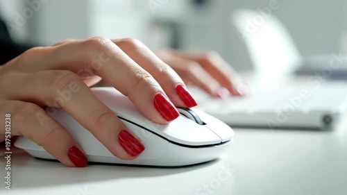 Woman Using Computer Mouse in Office