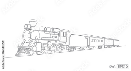 Vintage Steam Locomotive Train Outline, Retro Transportation Drawing