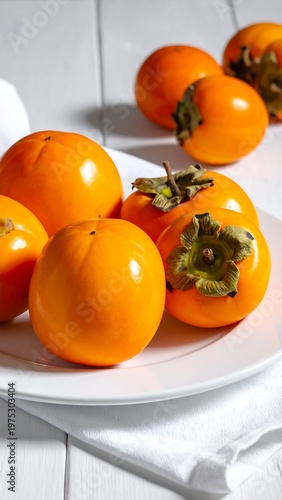 A vibrant still life of orange fruits on a white plate and table