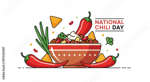 National Chili Day Celebration with Spicy Chili Bowl, Nachos, and Red Peppers
