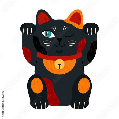Lucky cat, Maneki neko. Japanese figurine, cute cartoon Asian character, fortune symbol. Black porcelain kitten with waving paws, symbol of money, prosperity and wealth.
