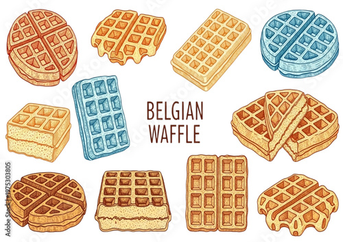 Variety of delicious Belgian waffles with different shapes and toppings, sweet breakfast and dessert food