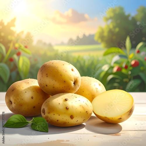 A vibrant still life of potatoes on a rustic table outdoors