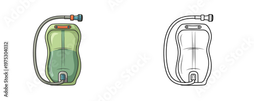 Hydration bladder illustrations in green cartoon and black linear styles featuring a drinking tube and bite valve used for outdoor hiking water storage isolated on a white background