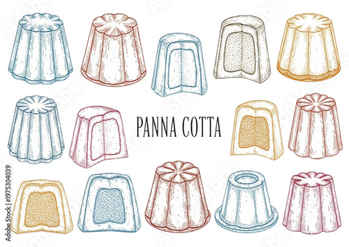 Delicious Assortment of Hand-Drawn Panna Cotta Desserts in Vintage Illustration Style