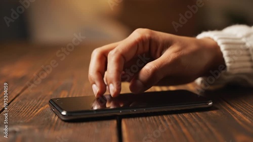 Hand Reaching for Smartphone on Wooden Table