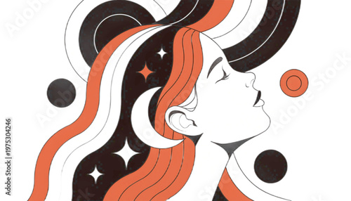 dreamy girl profile looking upward with crescent