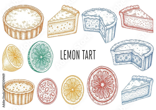 A charming assortment of hand-drawn lemon and citrus tarts, showcasing sweet desserts and fruit slices in a vintage engraving style