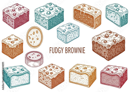 Artistic collection of delectable fudgy chocolate brownie illustrations, a sweet dessert concept for culinary designs