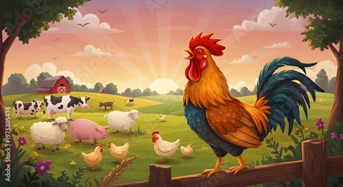 Cartoon farm scene A rooster crows atop a fence as farm animals graze A barn sits in the background under a sunrise sky