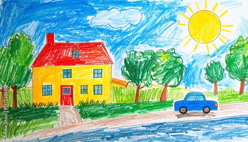 Simple Crayon Sketch of Yellow House and Blue Sky