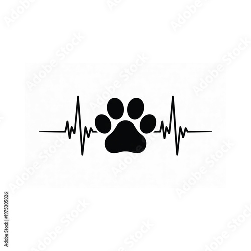 A black paw print integrated with a heart rate monitor line design
