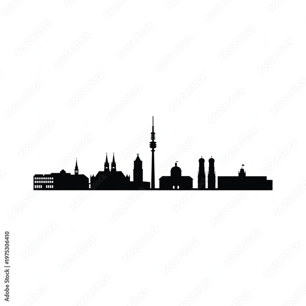 Naklejka premium Silhouette of a city skyline featuring a prominent television tower