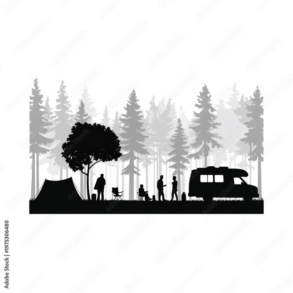 Fototapeta premium Silhouetted camping scene featuring a camper van and surrounding forest