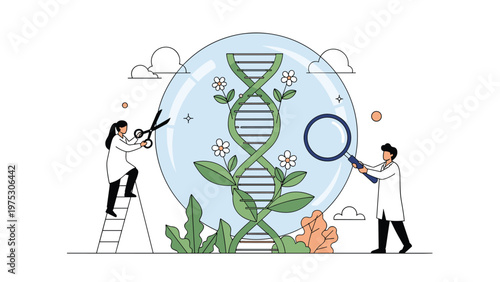 Scientists conducting genetic engineering research on plants inside a glass dome with a large DNA helix model illustration.