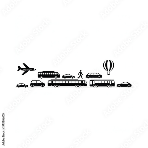 Various modes of transportation illustrated in a simple black and white design