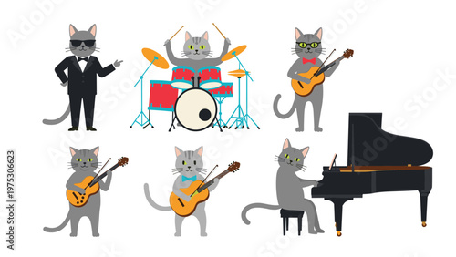 Fun set of gray cat characters playing various musical instruments like drums, guitar, and piano as a band in suits.