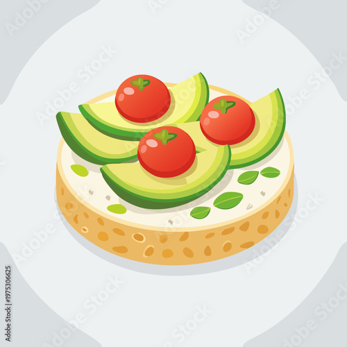 Delicious and healthy avocado toast with fresh cherry tomatoes and green leaves on a light background.